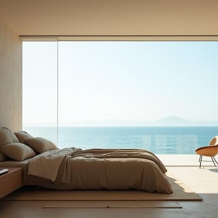 A minimal master bedroom with coastal view